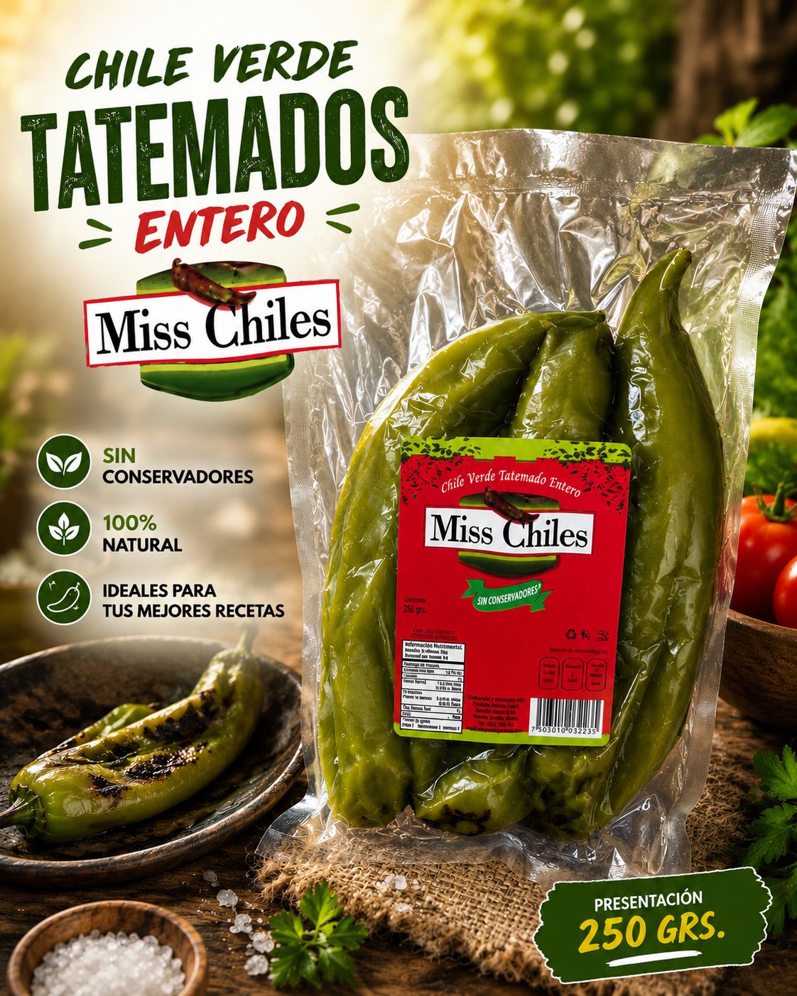 Caja de Chile Tatemado Entero Anaheim Miss Chiles 250 gr 20 piezas