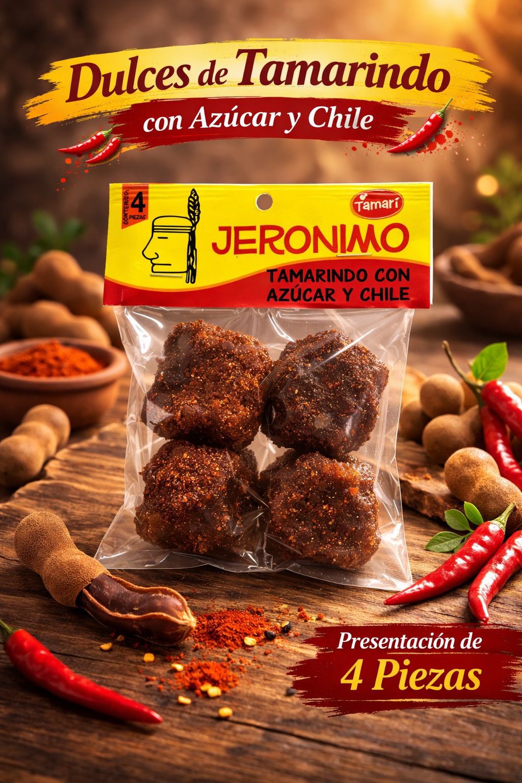 Caja de Dulce de Tamarindo Jeronimo con Azúcar y Chile Blister 4 pz 50 blisters