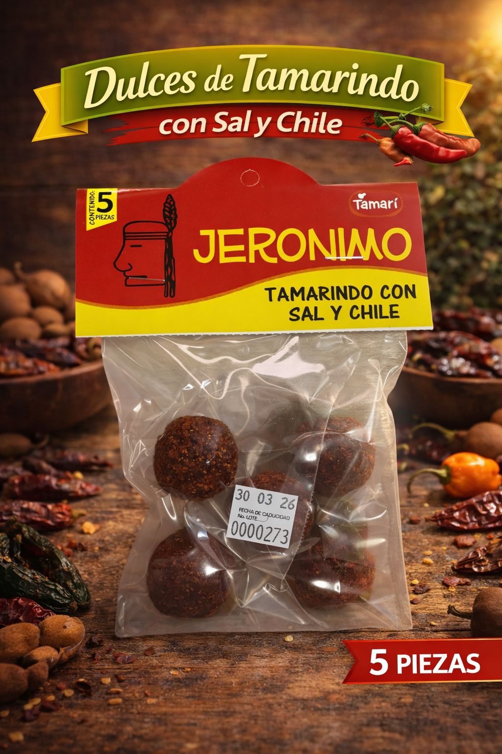 Caja de Dulce de Tamarindo Jeronimo con Sal y Chile Blister 5 pz 50 blisters