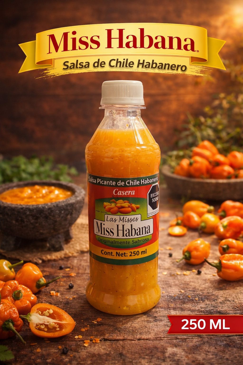 Caja de Miss Habana Salsa Casera de Chile Habanero 250 ml 20 piezas