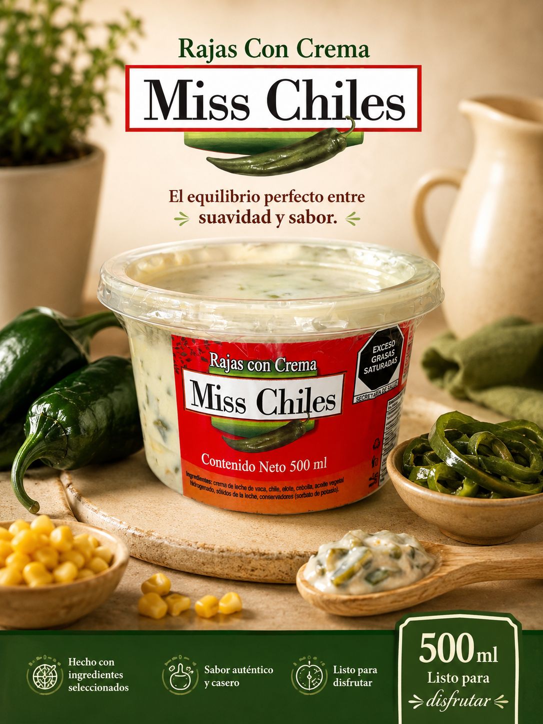 Caja de Rajas con Crema Miss Chiles 500 ml 20 piezas